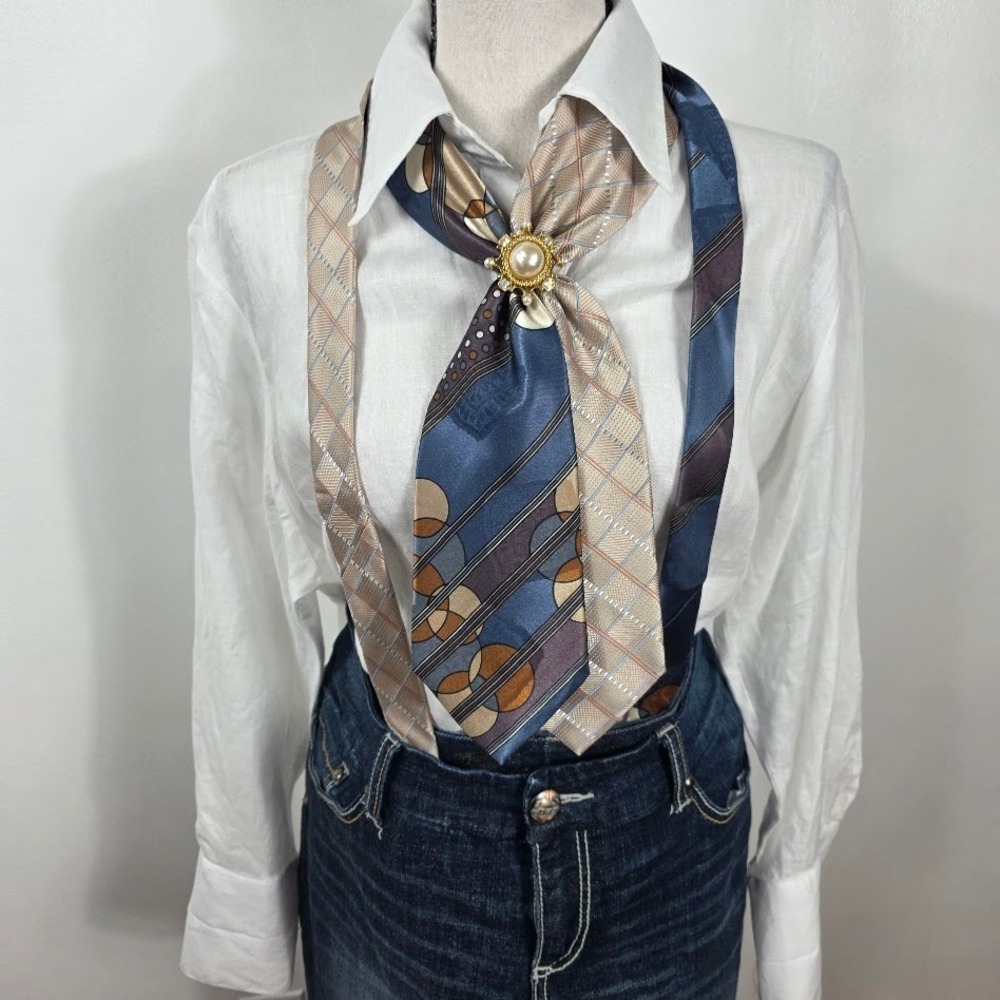 Upcycled Femtie  Vintage‎ Silk Tie Bundle with Faux Pearl Clip Earing Accent